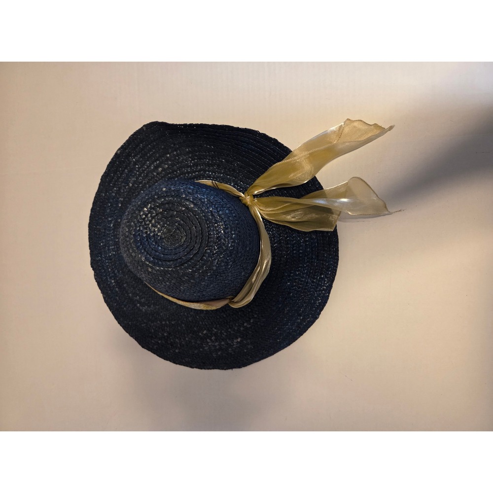 Navy Blue Woven Straw Sun Hat with‎ Gold Organza Ribbon Bow Wide Brim Summer Hat